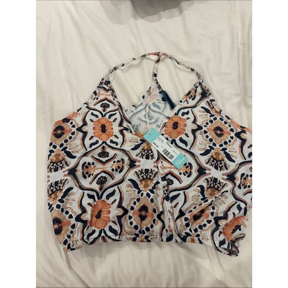 Shore White Floral Tile Halter Crop Top with Orange and Navy nwt small